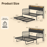 Daybed with Trundle, Twin Day Bed Frame with Storage Headboard and Charging Station, Sturdy Metal Sofa Bed with Pull-Out Trundle for Living Room, Bedroom and Guest Room - Grey