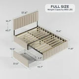 Asofer Full Bed Frames with 4 Storage Drawers on Wheels, Headboard Adjustable, Wood Slats, Beige