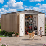 8x12 FT Outdoor Storage Shed, Lockable Double Doors w/ Lock Included, 4 Vent Windows, Galvanized Steel Metal Garden Shed, Weather-Resistant, Brown