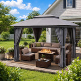 9 PCS Patio Furniture Set with 10x12 FT Gazebo & Propane Fire Pit Table, All-Weather PE Rattan Outdoor Conversation Set with Double Vented Canopy for Backyard Deck Porch Garden