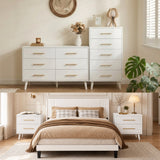 Bedroom Furniture Set - Includes Queen Size Bed Frame with Headboard, 2 Nightstands, 5-Drawer Dresser & 6-Drawer Dresser with Metal Handle, White
