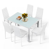 Asofer 7 Piece Dining Table Sets For 6, Glass Kitchen Table, PU Leather Chair, Dining Room, White