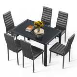 Asofer 7 Piece Dining Table Sets For 6, Glass Kitchen Table, PU Leather Chair, Dining Room, Black