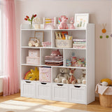 Noelse Toy Storage Cabinet and Kids Bookcase with 4 Movable Drawers and 8 Open Shelves Toy Chest Shelf Organizer with Hidden Wheels for Playroom Nursery Kids Room, White