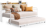 Daybed with Trundle, Twin Day Bed Frame with Storage Headboard and Charging Station, Sturdy Metal Sofa Bed with Pull-Out Trundle for Living Room, Bedroom and Guest Room - Beige