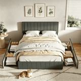 Asofer Queen Upholstered Bed Frame with 4 Wheeled Storage Drawers & 3-Step Adjustable Headboard, Solid Wood Slat Support, Dark Gray