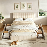 Asofer Full Upholstered Bed Frame with 4 Rolling Storage Drawers & 3-Step Adjustable Headboard, Solid Wood Slat Base, Beige