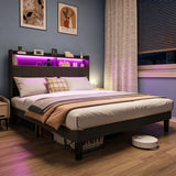 Asofer Full Upholstered Platform Bed, RGB LED Light & Multi Charging Ports, 2-Tier Storage Headboard, Heavy Duty Bed Base No Box Spring Required, Dark Gray