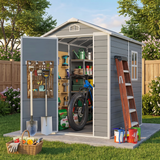 Asofer 6 x 4 ft Resin Outdoor Storage Shed with Floor, Waterproof Backyard Tool Shed, Lockable French Door, Window & Vent, Reinforced Steel Frame, Plastic Storage Shed for Patio, Lawn, Garden