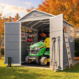 Asofer 8x6 ft Outdoor Resin Storage Shed with Built-in Floor, Lockable Doors & Side Window, Gray All-Weather Plastic Shed for Garden Backyard Patio