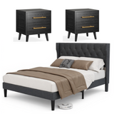 Noelse 3-Piece Bedroom Furniture Set, Full Size Bed Frame with Upholstered Headboard & 2 Nightstands, Under Bed Storage, Noise-Free, Gray and Black