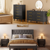 Noelse Bedroom Furniture Set, Includes Queen Bed Frame, Nightstands Set of 2, 5 Drawer Dresser and 6 Drawer Dresser, Storage Solution for Modern Home, Gray/Black