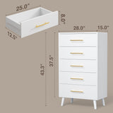 Asofer 5-Drawer White Dresser Cabinet with Metal Handle, Sturdy Wood Chest for Bedroom, Living Room