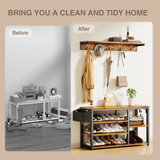 Noelse Hall Tree with Bench, 4 in 1 Coat Rack Set, Industrial Bench with 5 Hooks, 5 Storage Shoe Cubbies, for Entryway, Hallway, Rustic Brown