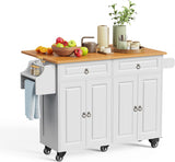 Kitchen Island with Storage, Mobile Kitchen Island Side Table on Wheels with Rubber Wood Drop-leaf Countertop , Side Rack and Drawer and for Kitchen,Dining Room - White