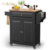 Rolling Kitchen Island with Spice Rack，Towel Rack for Dinning Room and Kitchen - Black