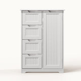 Bathroom Floor Cabinet Wooden Storage Organizer with 4-Drawer & 1 Door, Free-Standing Cupboard for Bathroom Kitchen, White