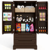 47-Inch Dark Brown Pantry Cabinet, Moisture-Proof & Anti-Tip with Drawers and Barn Doors for Spacious Storage