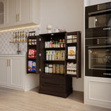 47-Inch Dark Brown Pantry Cabinet, Moisture-Proof & Anti-Tip with Drawers and Barn Doors for Spacious Storage