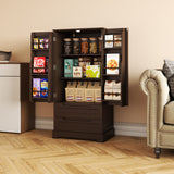 47-Inch Dark Brown Pantry Cabinet, Moisture-Proof & Anti-Tip with Drawers and Barn Doors for Spacious Storage