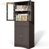 64" H Kitchen Pantry Cabinet with Glass Doors and Adjustable Shelves, Freestanding - Dark Brown