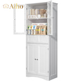 64" H Kitchen Pantry Cabinet with Glass Doors and Adjustable Shelves, Freestanding - White