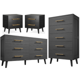 Noelse Bedroom Set with Storage, Includes 6 Drawer Dresser, 5 Drawer Chest, and 2 Nightstands, Modern Bedroom Furniture Set for Small Spaces Wood Dresser Set with Metal Handles,Black