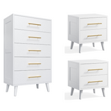 Noelse 3 Piece Bedroom Furniture Set, 5 Drawer Dresser with 2 Nightstands, Modern Wood Storage Organizer with Drawers for Bedroom, Living Room, White