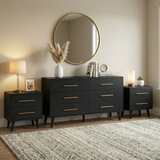 Asofer Bedroom Furniture Set of 3 - Includes 6 Drawer Dresser & 2 Nightstand with Metal Handle, Black