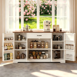 Coffee Bar Cabinet, 56" Sideboard Buffet Cabinet with Drawer, 4 Doors & Open Side Shelves, Storage Cabinet for Kitchen, Dining Room, Living Room, Coffee Station, White+Retro Desktop