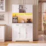 Asofer Kitchen Pantry Cabinet, Tall Storage Cabinet with Charging Station, LED Light, Microwave Stand, Farmhouse Hutch for Dining Room, White