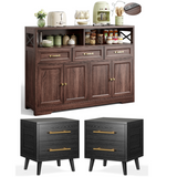 Noelse 3 Piece Bedroom Furniture Set, Coffee Bar Cabinet with Charging Station + 2 White Nightstands, Modern Farmhouse Storage Solution for Bedroom, Guest Room, Apartment,Brown and Black