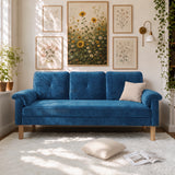 Velvet 3 Seater Sofa, Deep Seat with Side Storage Pockets and Removable Velcro Cushions, Modern Couch for Living Room, Apartment, Dorm & Office, Blue