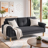 70" Linen 3 Seater Sofa, Deep Seat with Side Pockets and Removable Velcro Cushions, Mid Century Modern Couch for Living Room, Apartment & Dorm, Black
