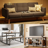 3 Pieces Livingroom Furniture Set, Includes Dark Gray Loveseat Sofa, Retro TV Stand, Gary Dinng Table for 4