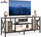 Asofer 59.8"L Metal TV Stand for TVs up to 65" with Open Storage Shelves for Living Room, Grey