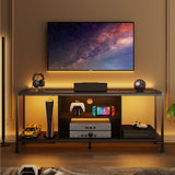 Mid-Century Wooden TV Stand for TVs up to 65" with Open Storage Shelves and Metal Frame - Black