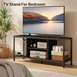 Mid-Century Wooden TV Stand for TVs up to 65" with Open Storage Shelves and Metal Frame - Black