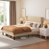 Asofer Queen Bed Frame, Upholstered Headboard w/12 Solid Wood Slats & Platform, Beige