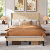 Asofer Queen Bed Frame, Upholstered Headboard w/12 Solid Wood Slats & Platform, Beige