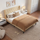 Asofer Queen Bed Frame, Upholstered Headboard w/12 Solid Wood Slats & Platform, Beige