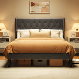 Upholstered Queen Bed Frame, Sturdy Metal Platform, 800lb Capacity, No Box Spring Needed and Noise-free, Dark Gray