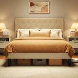 Asofer Queen Bed Frame, Upholstered Headboard w/12 Solid Wood Slats & Platform, Beige