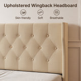 Asofer Queen Bed Frame, Upholstered Headboard w/12 Solid Wood Slats & Platform, Beige