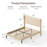 Asofer Queen Bed Frame, Upholstered Headboard w/12 Solid Wood Slats & Platform, Beige