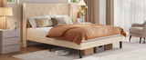 Asofer Queen Bed Frame, Upholstered Headboard w/12 Solid Wood Slats & Platform, Beige