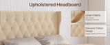 Asofer Queen Bed Frame, Upholstered Headboard w/12 Solid Wood Slats & Platform, Beige