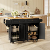 Large Rolling Kitchen Island Cart with Drop Leaf, Rubberwood Top Mobile Kitchen Storage Cabinet on 5 Wheels, Kitchen Island Table with Drawers, Spice Rack, Towel Bar (Black)