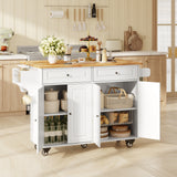 Large Rolling Kitchen Island Cart with Drop Leaf, Rubberwood Top Mobile Kitchen Storage Cabinet on 5 Wheels, Kitchen Island Table with Drawers, Spice Rack, Towel Bar (White)