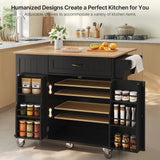 Noelse Kitchen Island with Storage, Rolling Kitchen Island Cart on Wheels with Widen Drop Leaf Rubberwood Top, Large Mobile Kitchen Islands with Trash Can Storage and Towel Bar, Black